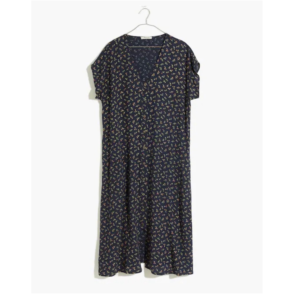 Madewell Midi Dress Floral Button Front V Neck Viscose Navy Size S